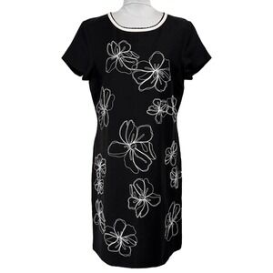 Vintage Talbots Short Linen Dress Size 12 P Black White Floral‎ Embroidered Y2K